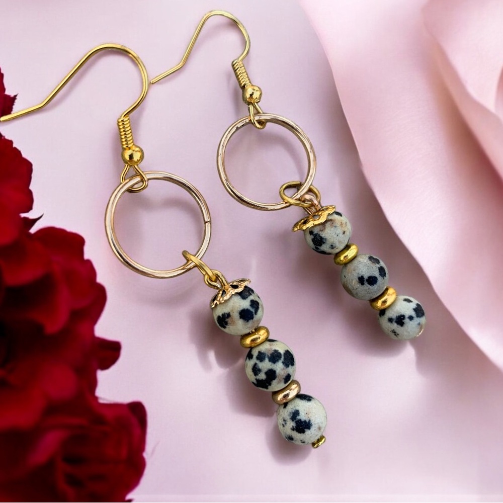 Gold and Black Stacked Bead Earrings with Dalmatian stone